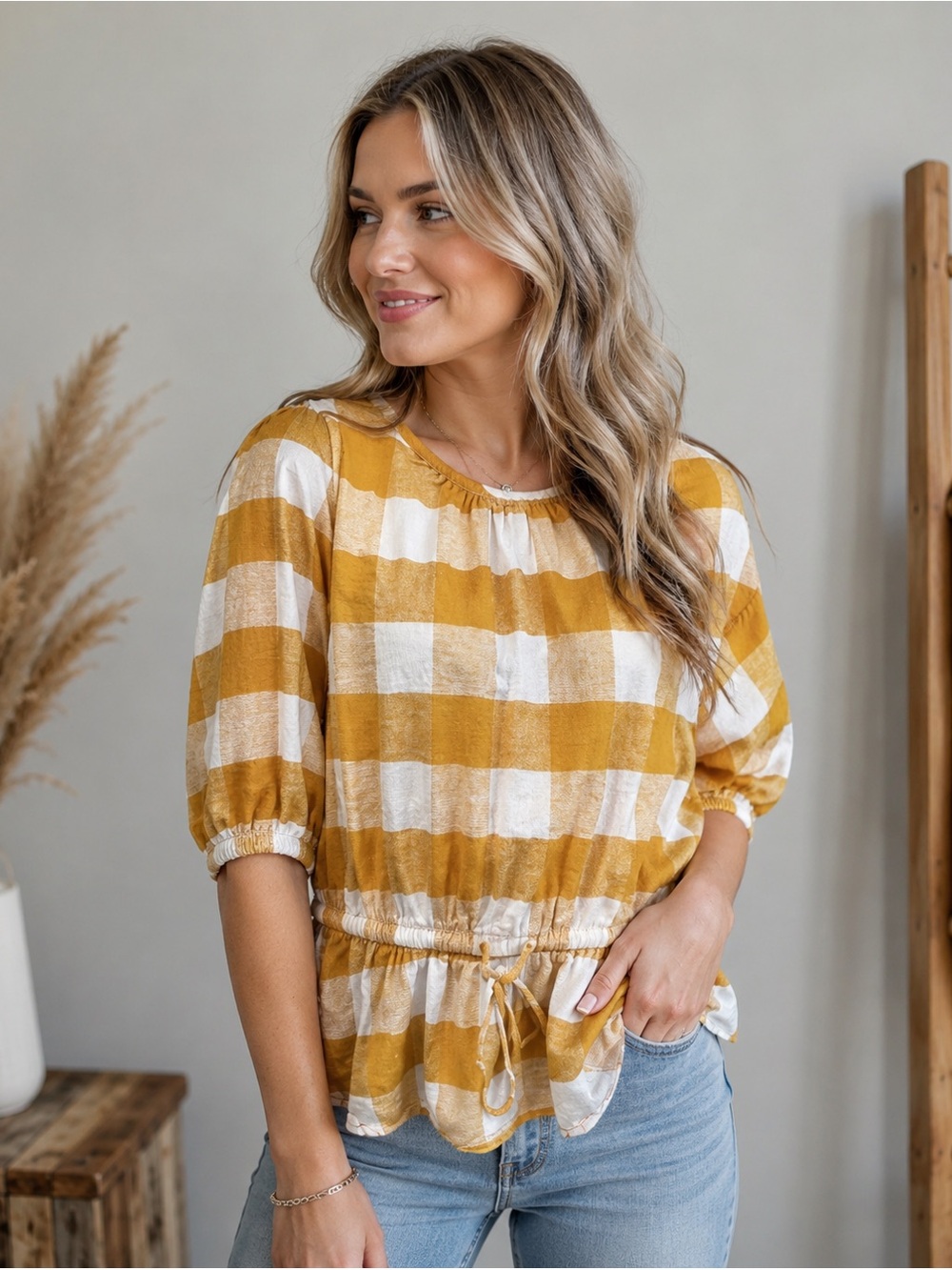 Who What Wear Mustard Gingham Peplum Top